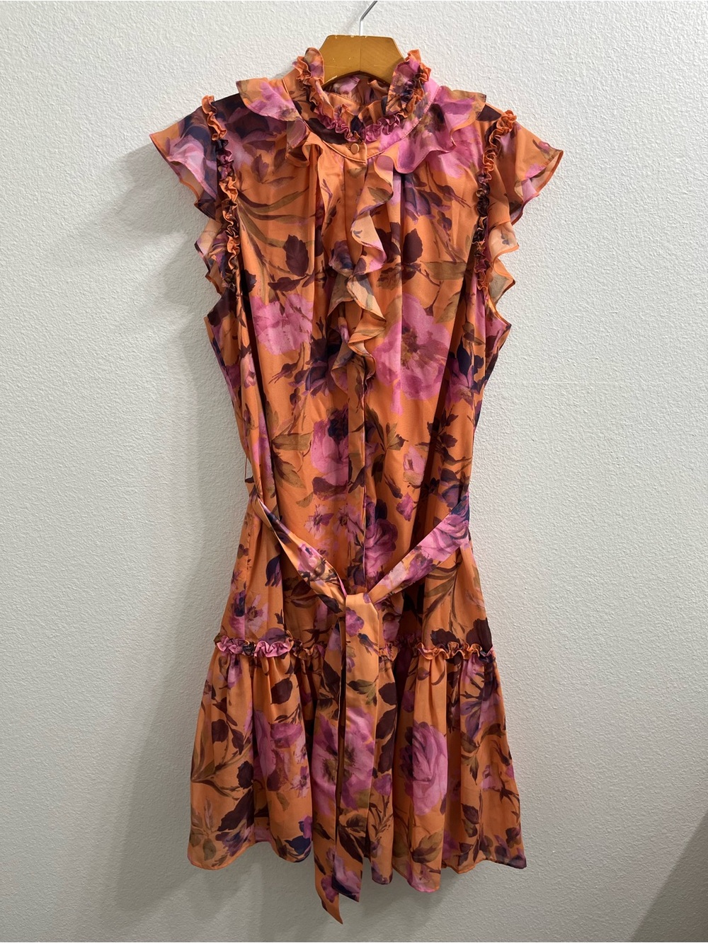 Kobi Halperin Ruffle Trim Button Front Dress Floral Orange Cap Sleeve